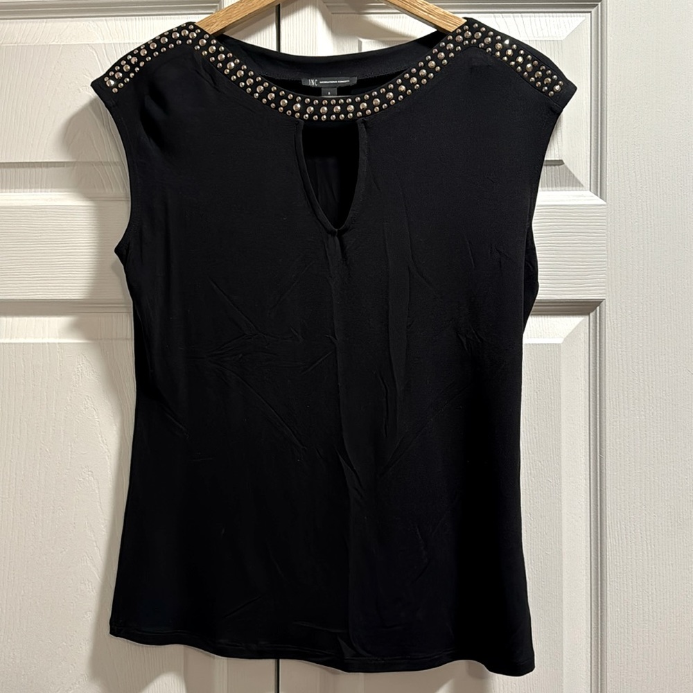 INC black sleeveless top, silver stud detail, keyhole neck, size small NWT